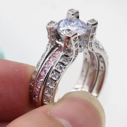 14K White Gold Vintage Lovers Grown Pink Diamond Ring Set Engagement Wedding Rings for Women Men Jewelry