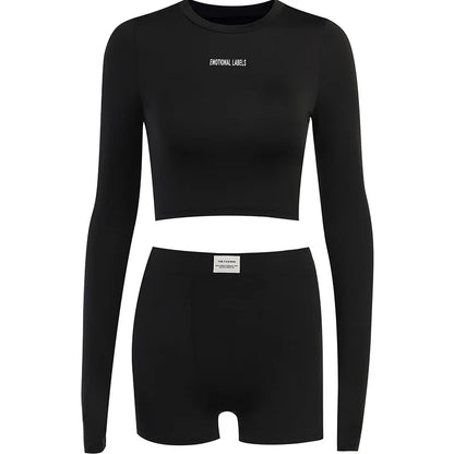 European and American Spring/Summer Round Neck Long Short sleeved 3/4 Shorts Two piece Women's Fashion Sports Versatile Set