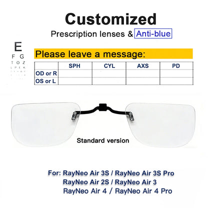 For RayNeo Air 4/Air 4 Pro/Air3S Pro/Air3/3S/Air 2S Smart Glasses Lens Custom Myopia and Hyperopia Anti-Blue Anti-glare Lenses
