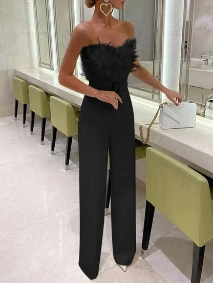 Elegant Jumpsuit Women Long One Piece Strapless White Slash Neck Feather Y2k Top Sexy Wedding Party Night Evening Rompers Summer