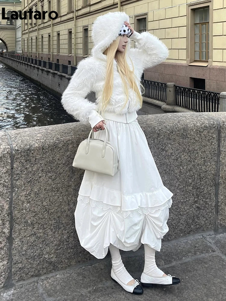 Lautaro Autumn Winter Thick Warm Sweet Cute White Short Faux Fur Coat Hoodie Women with Fairy Angel Zipper Fitted Fluffy Jacket