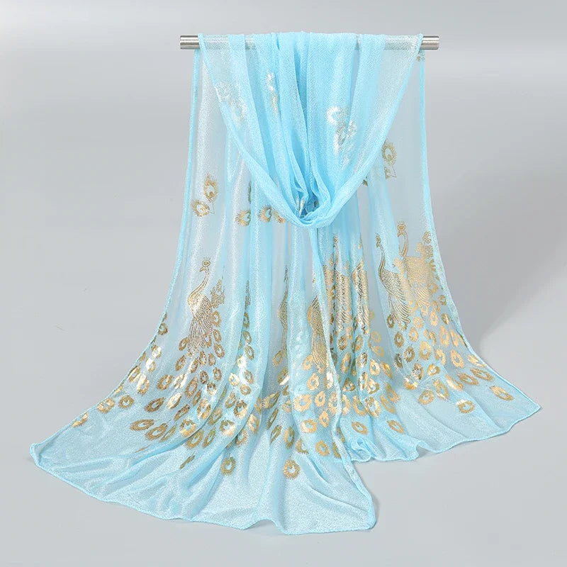 Women Glitter Thin Muffler Solid Color  Elegant Hijab Scarf Chiffon Long Scarves Gold Peacock Print Wrap Shawl Georgette Scarf