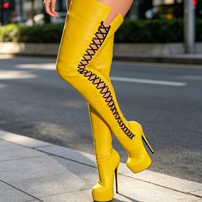 Yellow Cross Band Stiletto Sexy Boots Round Toe Solid Spring New Fashion Party Dress Women Over Knee Boots Zapatos Para Mujere