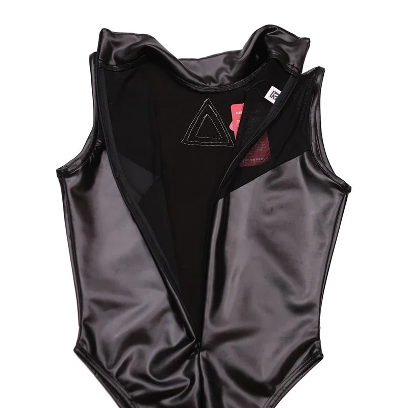 Women Sexy PU Leather Bodysuits Sleeveless Mesh Stitching Faux Latex Bodycon Jumpsuits Ladies Nightclub Cosplay Rompers Custom