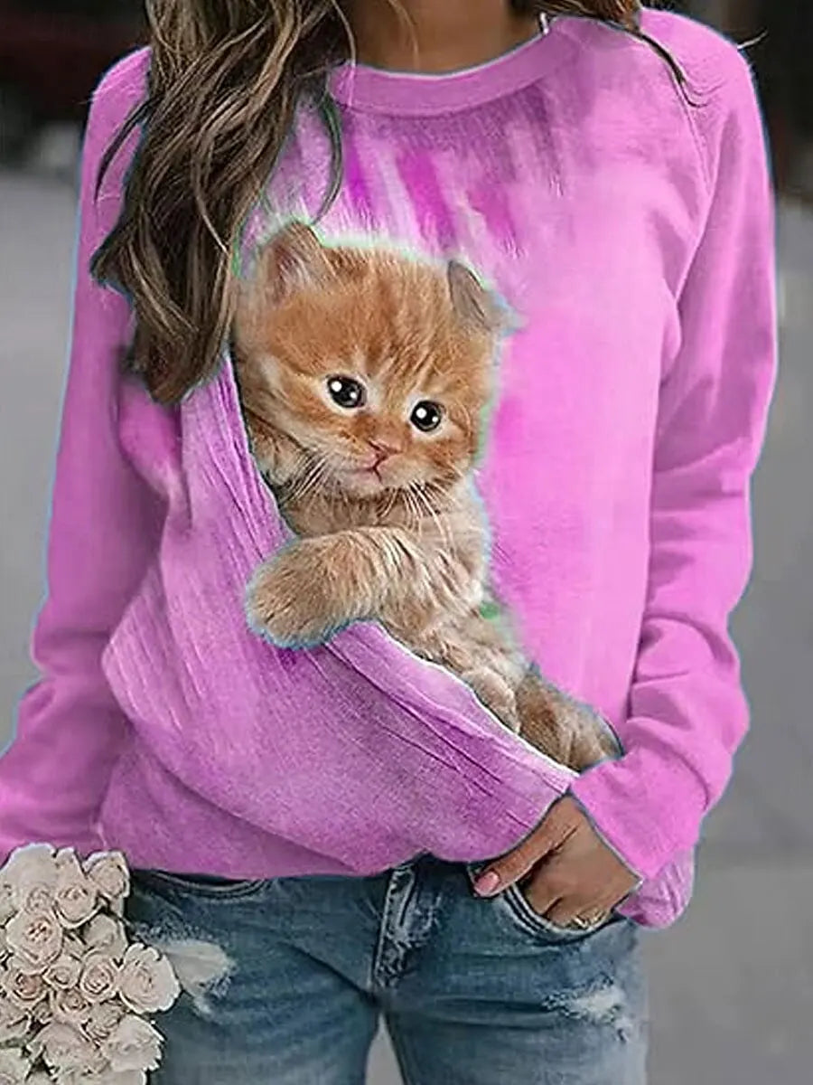 2025 Fashion Women's Cute Cats Graphic Sweatshirt 3D Print O-Neck Long Sleeve Tops Women's Apparel Y2K Streetwear Fall Pullover