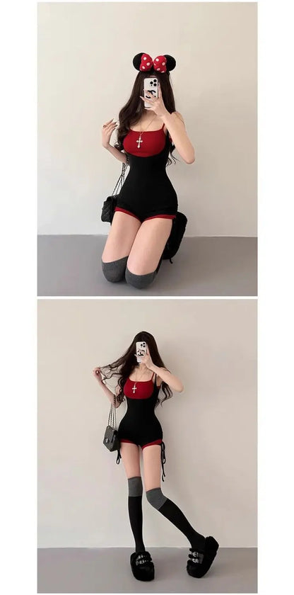 American Style Street Hot Girl Sexy Suspender Jumpsuit Shorts Color Blocked Fake Two-piece Design Sense Fitness Yoga Jumpsuit