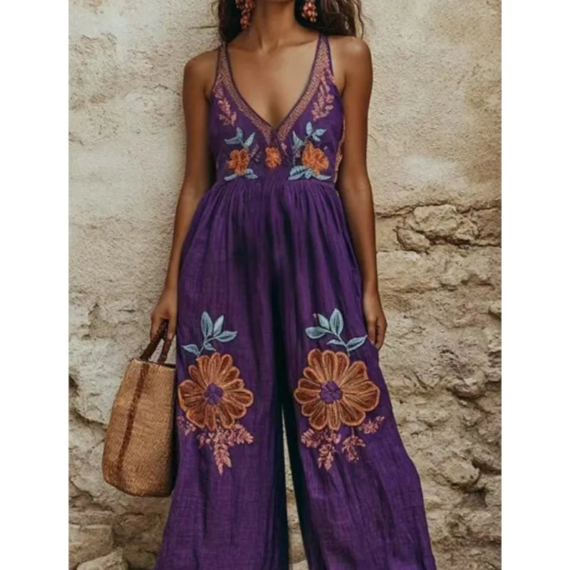 New Vintage Printed Floral Linen Suspender Wide-leg Jumpsuits Women 2025 Fashion V Neck Wide Leg Pants Outfits Female Streetwear