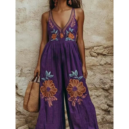 New Vintage Printed Floral Linen Suspender Wide-leg Jumpsuits Women 2025 Fashion V Neck Wide Leg Pants Outfits Female Streetwear