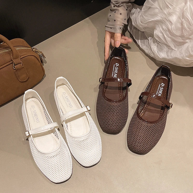 Women Luxury Sandals Flats Shallow Beach Comfort Retro Female Mary Jane Fishing Net Ballet Shoes Women's Soft Bottom Flat Hollow