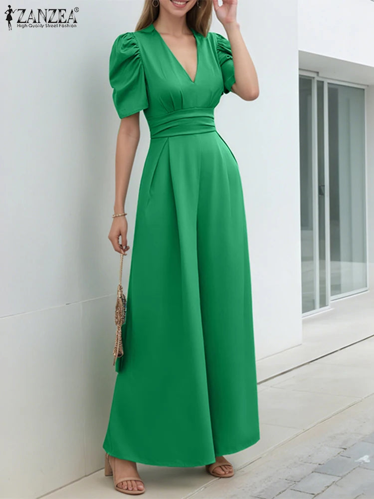 ZANZEA Elegant Office Jumpsuits Women Overalls 2025 Fashion Casual Loose Short Sleeve Playsuits Solid Color Wide Leg Jumpsuits
