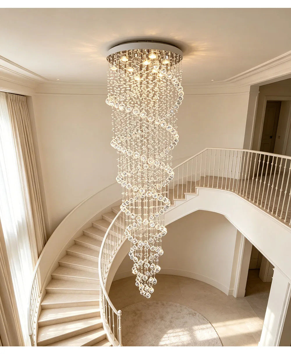 Modern Luxury Spiral Crystal Ceiling Fixture Long Cascading Crystal Design for Duplex Stairwell High Ceiling Home Lighting