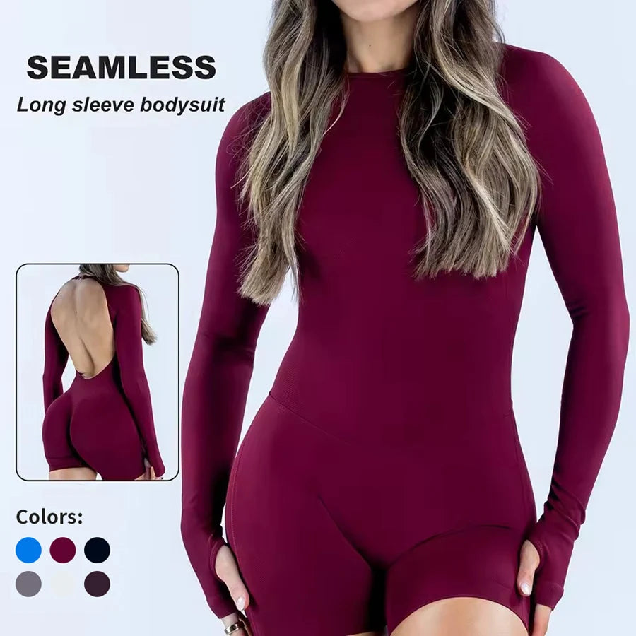 Seamless Long Sleeve One Piece Gym Clothes Women Padded Yoga Bodysuit Open Back Fitness Workout Jumpsuit Scrunch Butt Sportswear