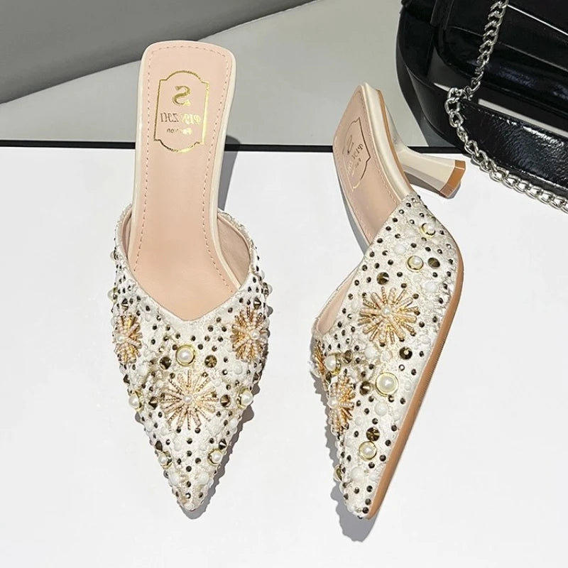 Luxury String Bead Decoration Design Brand High Heel Slippers Women Shiny Rhinestone Slide Sandals Elegant Wedding Bridal Shoes
