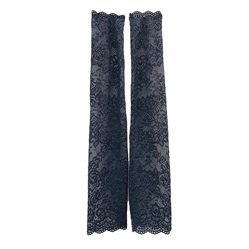 Women Summer Ice Silk Lace Arm Sleeve Elastic Sleeve Driving Gloves Black White Long Fingerless Mittens Sunscreen Gloves