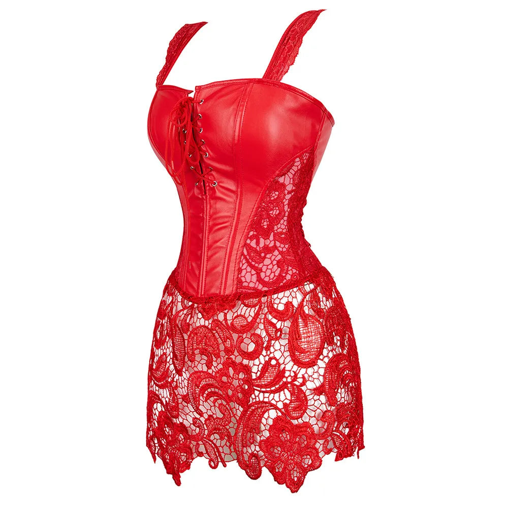 Women's Steampunk Gothic Overbust Corset Dress Lace Up Zipper Back Punk Faux Leather Bustier Lingerie Plus Size