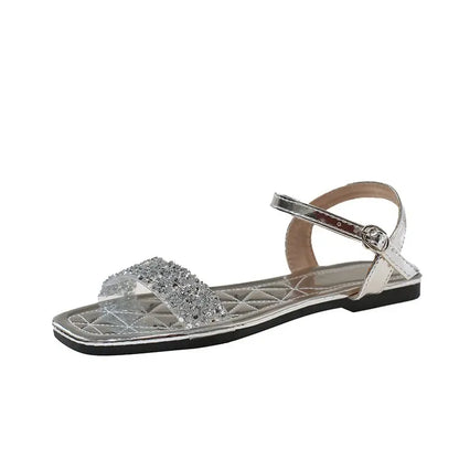 Luxury Crystal Square Toe Sandals Elegant Peep Toe Flat Slides Summer Fashionable Beach Shoes for Women