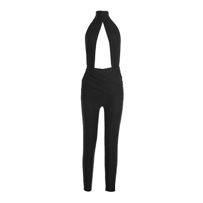 Halter Backless Jumpsuit Woman Sexy Hollow Fit Patchwork Waist Ruched Midnight Activity Workout Streetwear Overalls