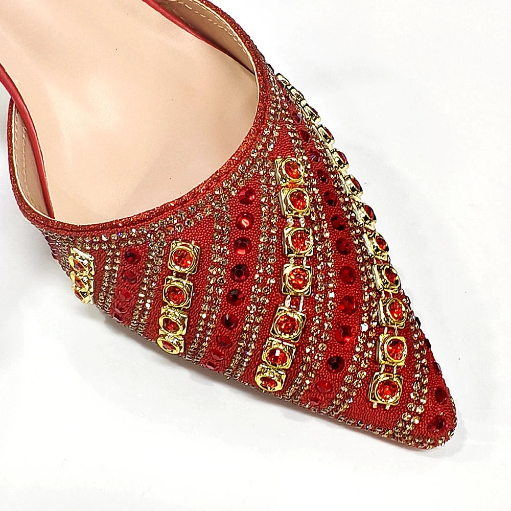 2025 Shiny Italian Fashion Pointed Toe Women Heel Fashion Rhinestone Decoration Fuchsia Color Shoes And Bag Set