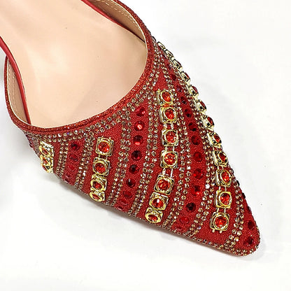2025 Shiny Italian Fashion Pointed Toe Women Heel Fashion Rhinestone Decoration Fuchsia Color Shoes And Bag Set