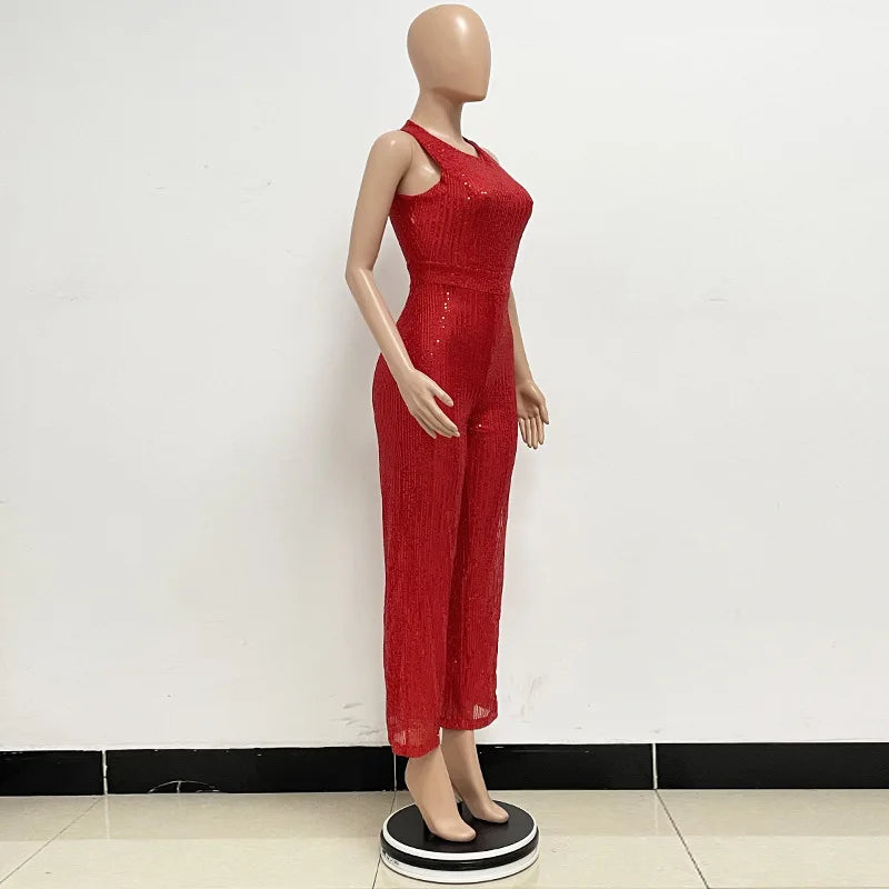 Bling Bling Sequined Club Jumpsuit Sexy Women O-neck Elegant Shiny Sliver Gold Sequins Straight Romper Overalls