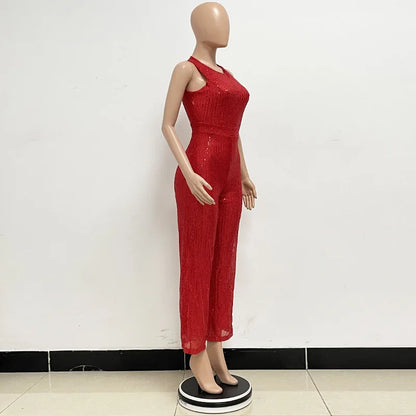 Bling Bling Sequined Club Jumpsuit Sexy Women O-neck Elegant Shiny Sliver Gold Sequins Straight Romper Overalls