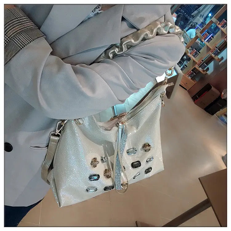 2026 New Fashion Diamonds Women Handbags Genuine Leather Tote Bag Large Capacity Work Commute Leisure Versatile Shoulder Bags