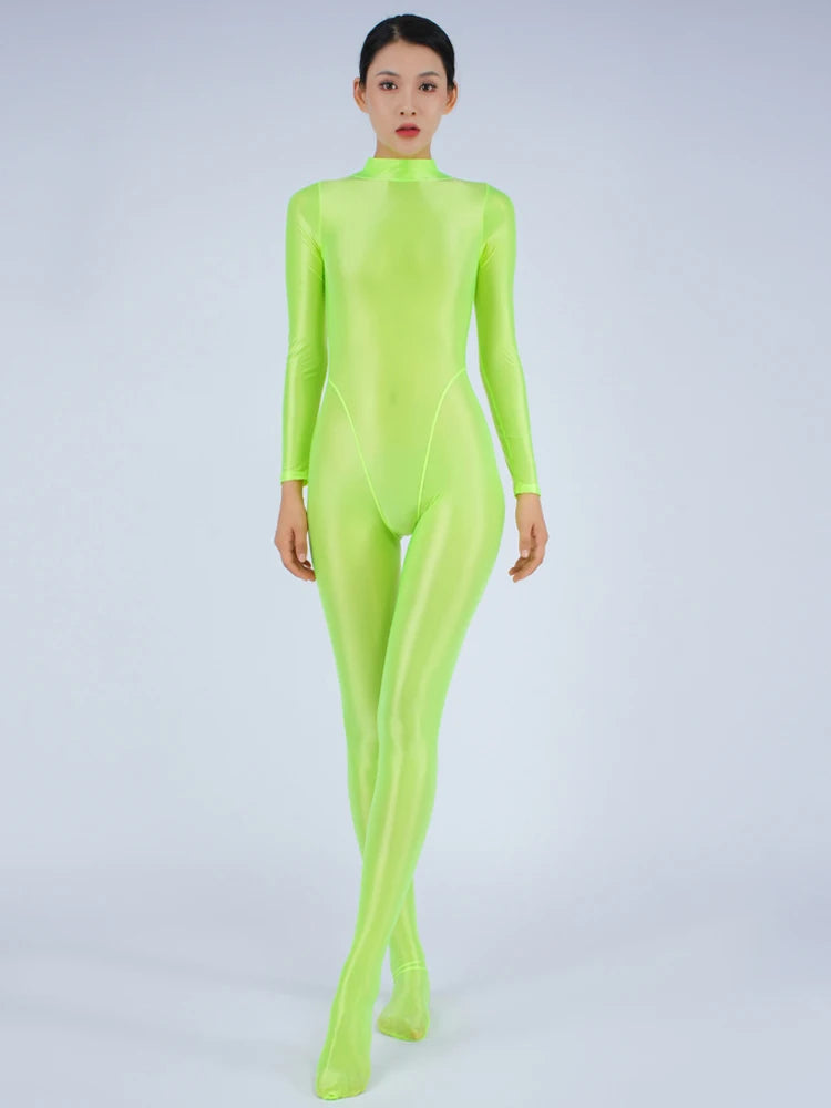 Sexy Women Yoga Shaper Tight Wear Oil Glossy Shiny Elastic Bodysuit Sheer See Through Rompers Jumpsuits Candy Color