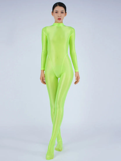 Sexy Women Yoga Shaper Tight Wear Oil Glossy Shiny Elastic Bodysuit Sheer See Through Rompers Jumpsuits Candy Color