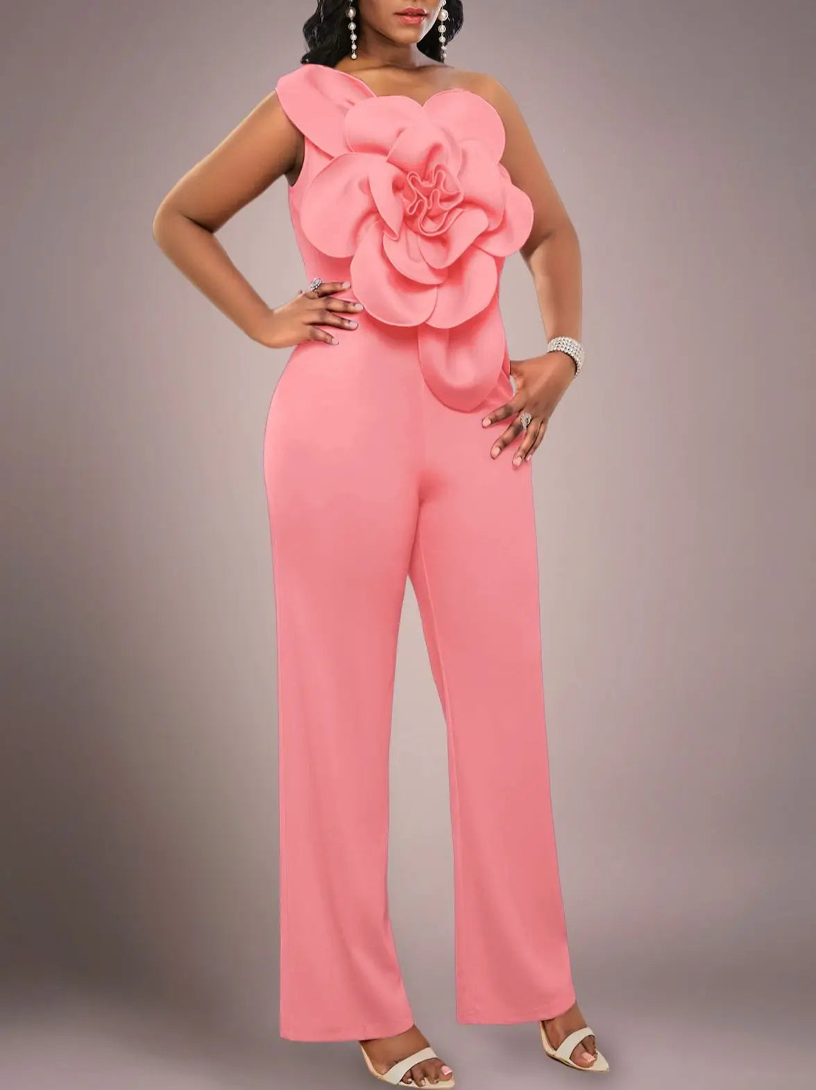 Women One Shoulder Jumpsuit Big Flowers Long Sexy Backless High Waist  Wide Leg Straight One Piece Classy Evening Party Rompers