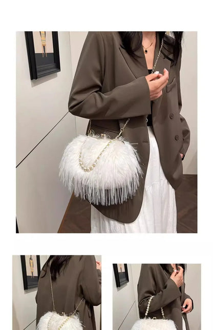Beading Chain Women's Evening Plush Handbags Faux Fur Tassel Ladies Shoulder Bag Elegant Female Crossbody Bags Party Furry Purse