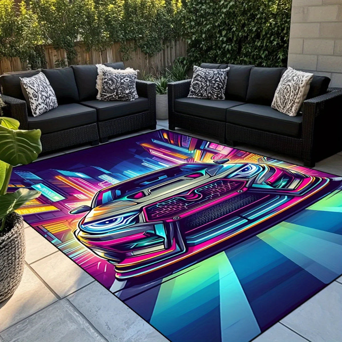 Flannel Printed Neon Car Rug Futuristic City Design Soft Fleece Outdoor Mat Garden Patio Carpet Sci Fi Decor Rugs