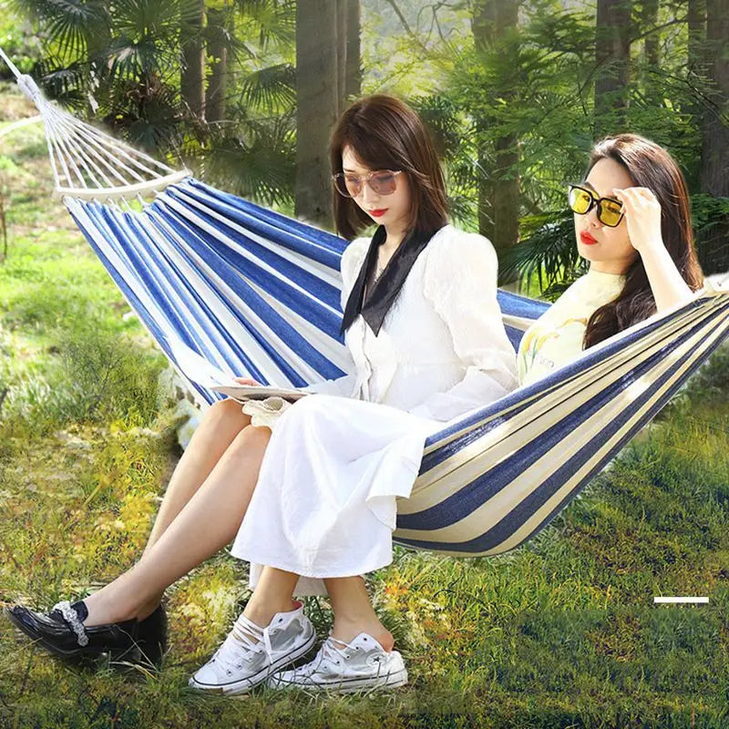 Outdoor Canvas Hammock Portable Single Double Thickened Anti-Rollover Striped Hammock Travel Camping Hanging Swing With Bag