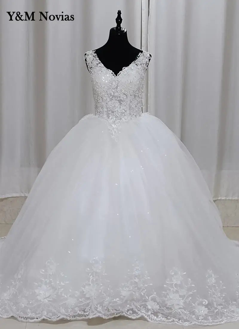 Y&M Vestido De Noiva Buttom V Neck Sleeveless Wedding Dresses For Women Ivory white Lace Romantic Bride Bridal Gown Customized