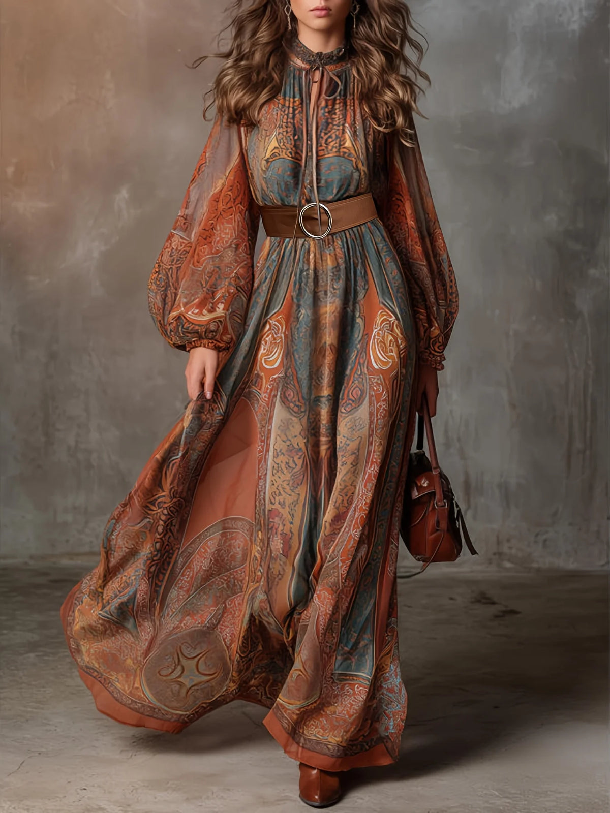 plus Size Spring Summer Elegant Print Dress Long Sleeve Umbrella Skirt Design Waist Belt Decoration Slimming Daily Wear dress