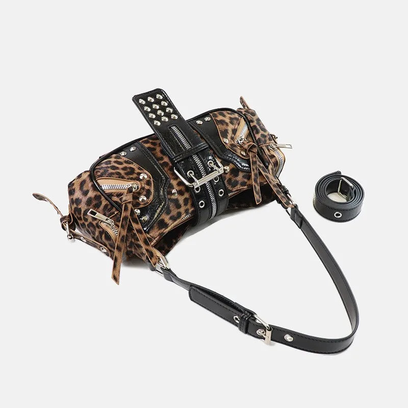 Women's Y2k Punk Vintage Shoulder Purse PU Leather Gothic Rivet Handbag Waist Bag Luxury Black Cross Body Bags with Spikes
