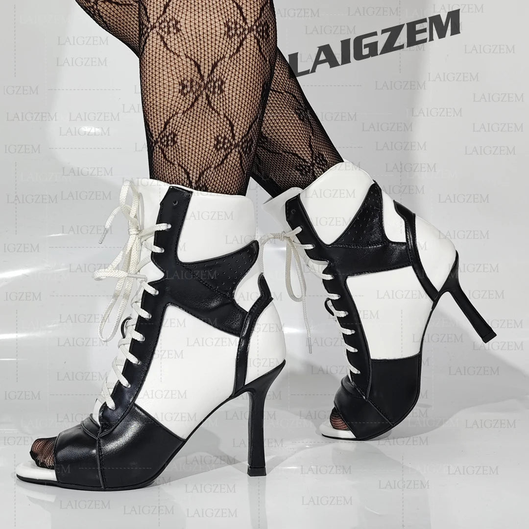 LAIGZEM Women Ankle Boots Patchwork Peep Toe Thin High Heels Boots Lace up Short Boos Ladies Handmade Shoes Woman Size 39 41 43