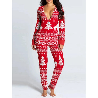 Fashion Women's Snowflake Elk Print Button Front Slim Jumpsuit Sexy Long Sleeve V-Neck Adult Onesie for Sleepwear