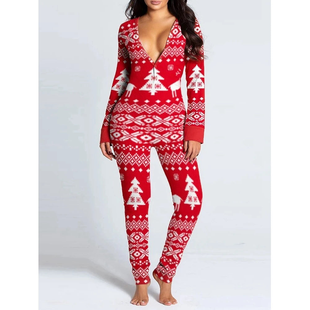 Fashion Women's Snowflake Elk Print Button Front Slim Jumpsuit Sexy Long Sleeve V-Neck Adult Onesie for Sleepwear