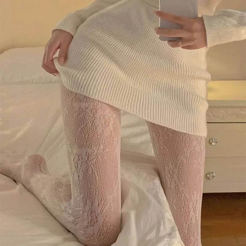 Korean INS Hollowed Lace Mesh Stockings Women Pantyhose Hot Tights Japanese Lolita Retro Floral Rattan Black White Long Socks