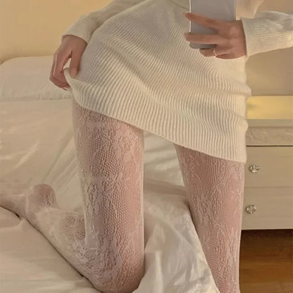 Korean INS Hollowed Lace Mesh Stockings Women Pantyhose Hot Tights Japanese Lolita Retro Floral Rattan Black White Long Socks
