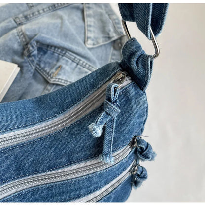 Vintage Denim Women's Shoulder Bag Large Capacity Messenger Bag Multi-pockets Satchel Bags Adjustable Strap Ladies Crossbody Bag