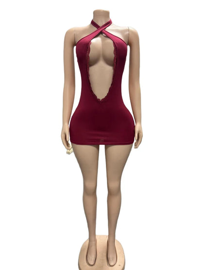 Sexy Women Dresses Halter Neck Lace Trim Front Hollow Sleeveless Skinny Clothing Midnight Club Party Bodycon Short Dress