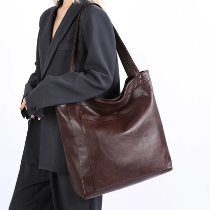 High Quality Oil Skin Leather Bucket Hand Bags for Women Female Shoulder Top-Handle Bag Luxury Handbas Women Large Commute Bags