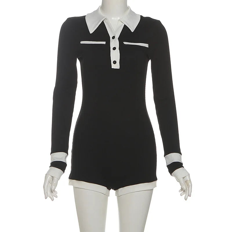 Color Patchwork Ribbed Skinny Playsuits 2025 Autumn Women Fashion Polo-neck Long Sleeve Buttons Slim Casual Rompers Streetwear