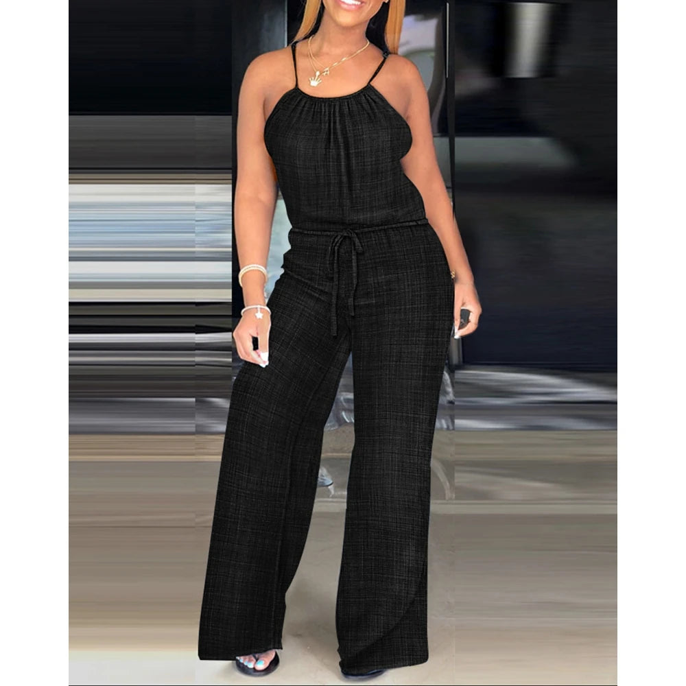Women's Casual Solid Color Wide Leg Straight Overalls Summer Sleeveless Spaghetti Strap Drawstring Waist Jumpsuits