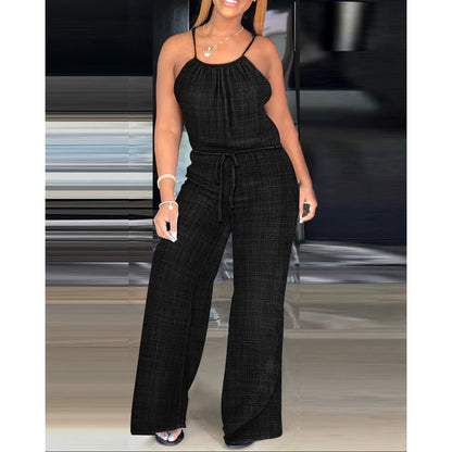Women's Casual Solid Color Wide Leg Straight Overalls Summer Sleeveless Spaghetti Strap Drawstring Waist Jumpsuits