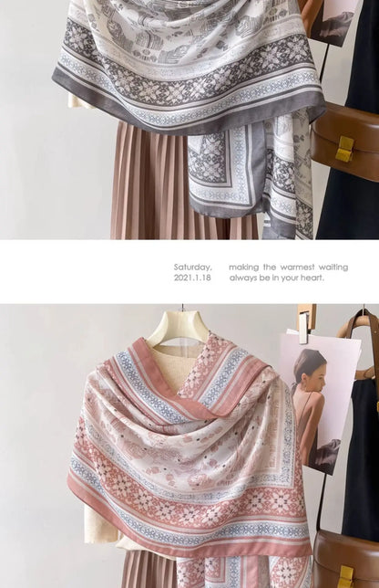 Sun Protection Silk Scarf Women's Retro Ethnic Style Cotton Linen Beach Holiday Wrap Shawl Outerwear Geometric Print Korean S...