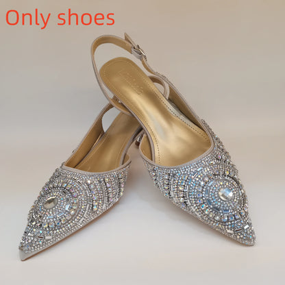 New Elegant Nigerian Women’s Gold Colour Heeled Shoes With Match Rhinestone Handbag Set Italian Design for Parties