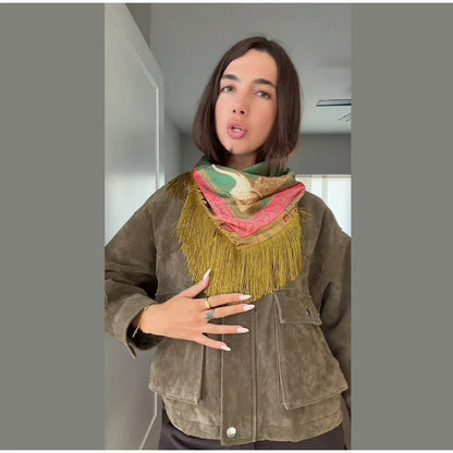 Tassel Floral Women ’s Scarf Large Square Silky Satin Scarf With Olive Fringe Trim Scarf Female 2026 Spring Woman Accessory
