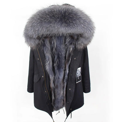 Maomaokong 2026 New Natural Fur Lining Real Fur Coat Winter Jacket Women Raccoon Fur Collar Warm Thick Parkas Female Clothing